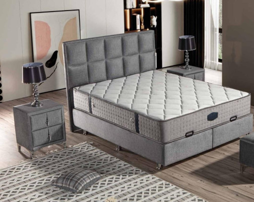 Graues Bett mit Matratze aus Textil und Edelstahl, modernes Design