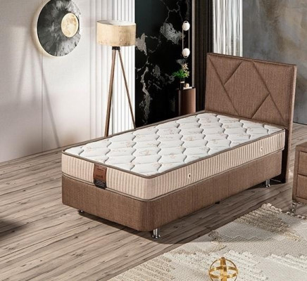 Elegantes braunes Bett mit Matratze aus Textil und Edelstahl