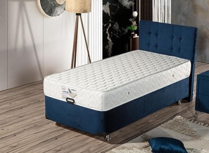 Blaues Bett mit Matratze aus Textil und Edelstahl
