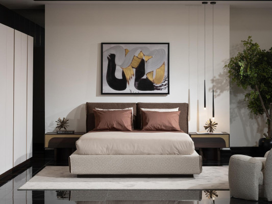 Elegantes Schlafzimmer Set Braun Holz Textil mit Bett und Nachttischen