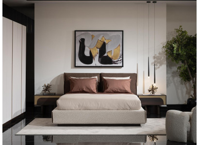 Elegantes Schlafzimmer Set Braun Holz Textil mit Bett und Nachttischen