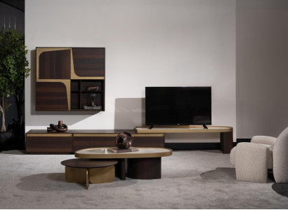 Elegantes Wohnzimmer Set aus Leder in Beige und Braun mit Holzdesign