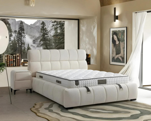 Elegantes Blaues Bett mit Matratze aus Textil und Holz