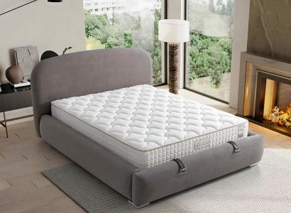 Elegantes graues Bett mit Matratze aus Textil und Holz