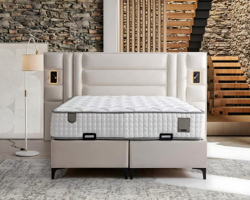 Elegantes weißes Bett mit Matratze aus Textil und Holz