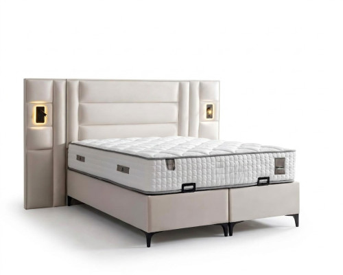 Elegantes weißes Bett mit Matratze aus Textil und Holz