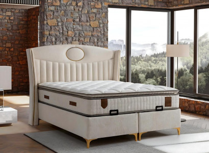 Elegantes Bett mit Matratze in Beige aus Textil und Holz