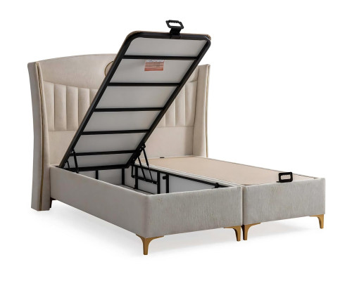 Elegantes Bett mit Matratze in Beige aus Textil und Holz