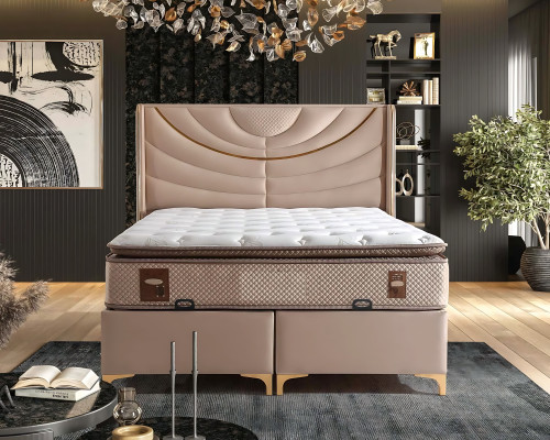 Elegantes Beiges Bett mit Matratze aus Textil und Holz