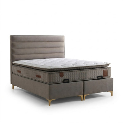 Beige Holzbett mit Matratze – Elegantes Schlafzimmermöbel