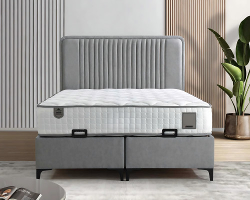 Elegantes graues Bett mit Matratze aus Textil und Holz