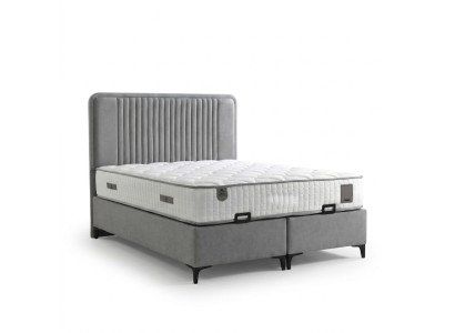 Elegantes graues Bett mit Matratze aus Textil und Holz