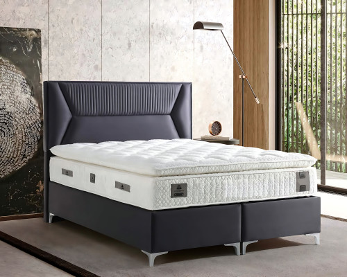 Elegantes graues Bett mit Matratze aus Textil und Holz