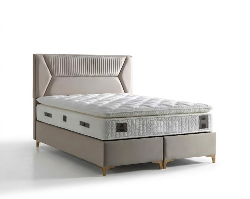 Elegantes beiges Bett mit Matratze aus Textil und Holz
