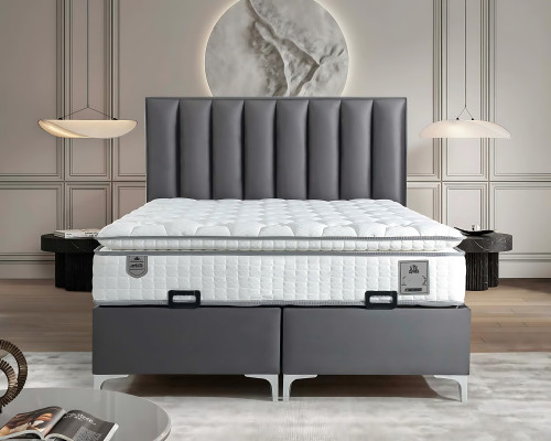 Elegantes graues Bett mit Matratze aus Textil und Holz