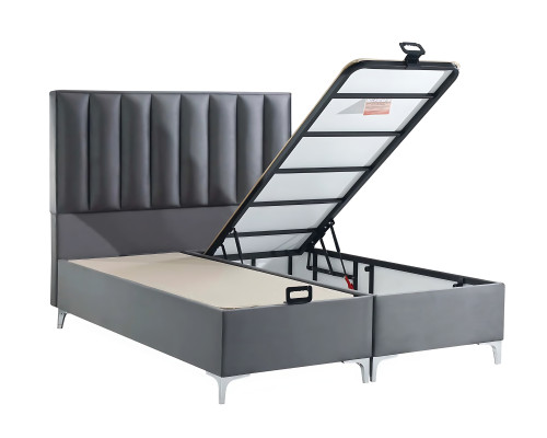 Elegantes graues Bett mit Matratze aus Textil und Holz