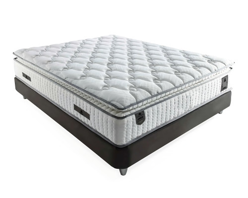 Elegantes graues Bett mit Matratze aus Textil und Holz