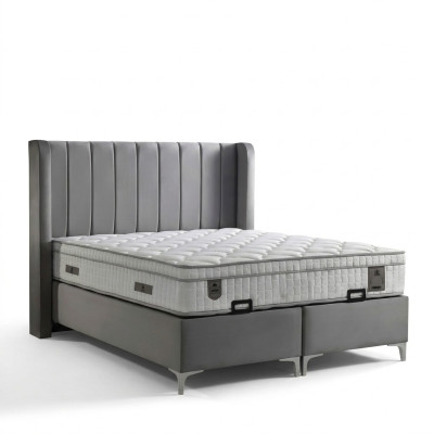 Elegantes graues Bett mit Matratze aus Textil und Holz