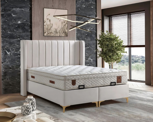 Elegantes Bett mit Matratze aus Textil in Beige