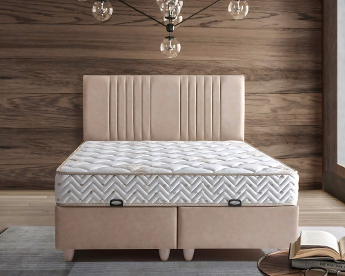 Elegantes Bett mit Matratze in Beige aus Textil und Holz