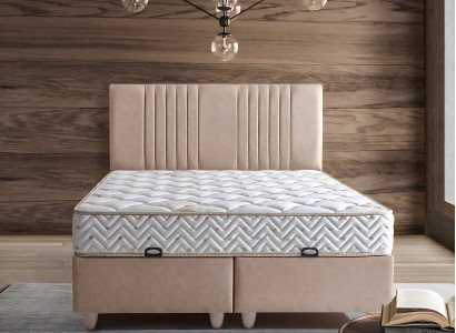 Elegantes Bett mit Matratze in Beige aus Textil und Holz