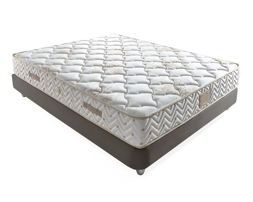 Elegantes Bett mit Matratze in Beige aus Textil und Holz