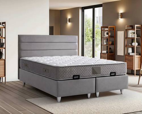 Elegantes graues Bett mit Matratze aus Textil und Holz