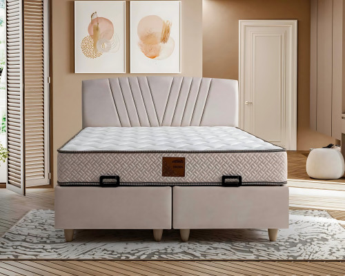 Elegantes Bett mit Matratze in Beige aus Textil und Holz