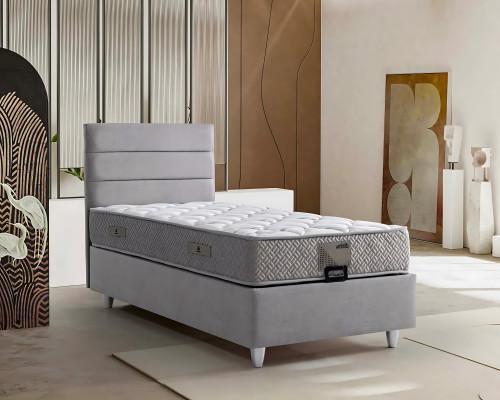 Elegantes graues Bett mit Matratze aus Textil und Holz