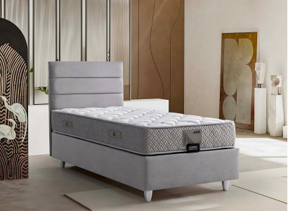 Elegantes graues Bett mit Matratze aus Textil und Holz
