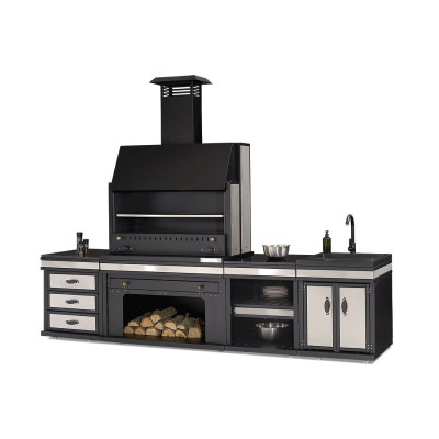 Schwarze Außenküche aus Edelstahl modern und langlebig