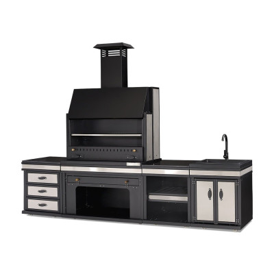 Schwarze Außenküche aus Edelstahl modern und langlebig