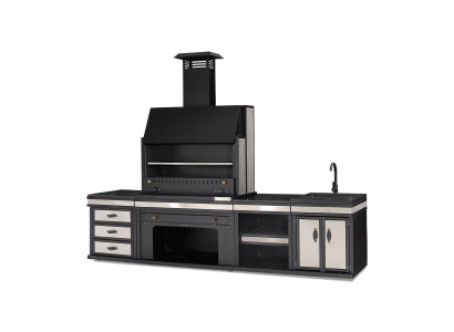 Schwarze Außenküche aus Edelstahl modern und langlebig