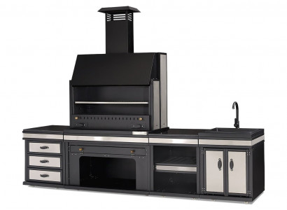 Schwarze Außenküche aus Edelstahl modern und langlebig