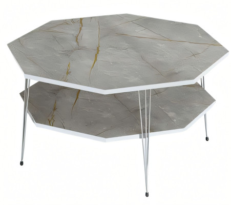 Moderner grauer Couchtisch aus Holz mit Edelstahlakzenten