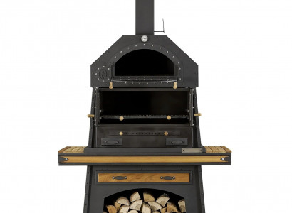 Eleganter schwarzer Grillkamin aus Holz und Edelstahl