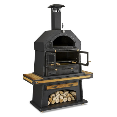 Eleganter schwarzer Grillkamin aus Holz und Edelstahl
