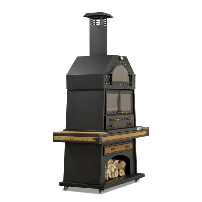 Eleganter schwarzer Grillkamin aus Holz und Edelstahl