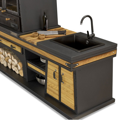 Außenküche in Schwarz aus Holz und Edelstahl modern