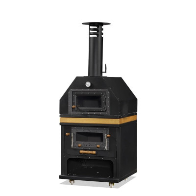 Schwarzer Gartenofen aus Holz und Edelstahl elegant für Außenbereich