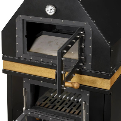 Schwarzer Gartenofen aus Holz und Edelstahl elegant für Außenbereich