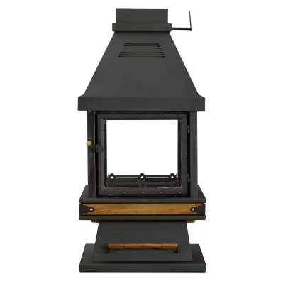 Freistehender Kamin in Schwarz aus Edelstahl Holz und Glas