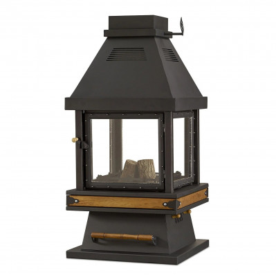 Freistehender Kamin in Schwarz aus Edelstahl Holz und Glas