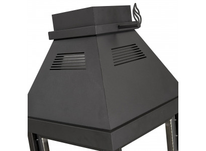 Freistehender Kamin in Schwarz aus Edelstahl Holz und Glas