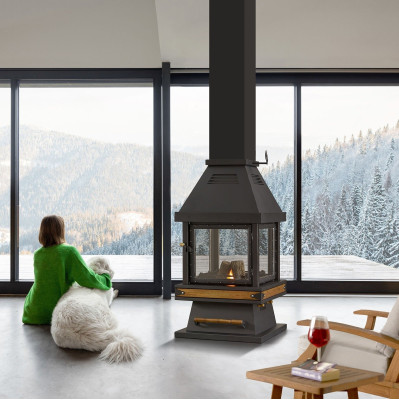 Eleganter schwarzer Edelstahl-Holz-Kamin in modernem Design