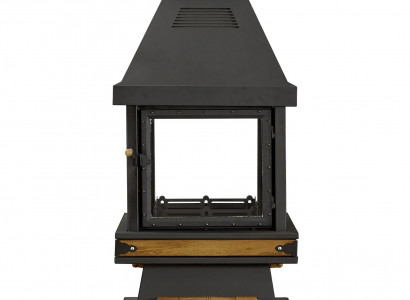 Eleganter schwarzer freistehender Kamin aus Edelstahl und Holz