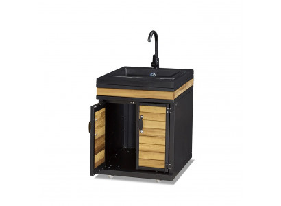 Elegantes schwarzes Außenküchenmodul aus Edelstahl und Holz