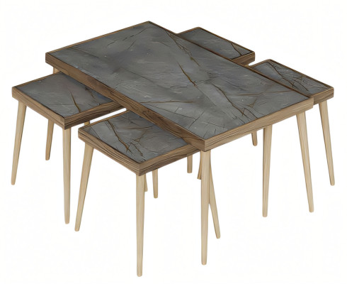 Eleganter grauer Holztisch-Set mit Couchtisch und Beistelltischen