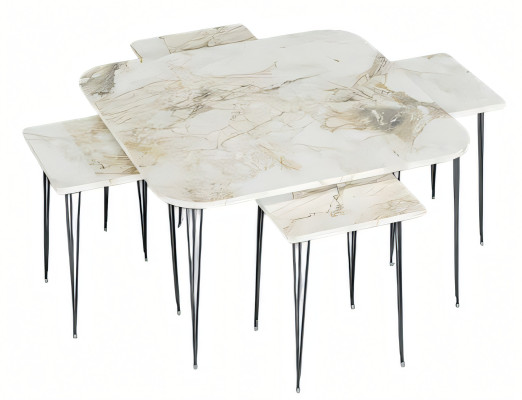 Moderner Holz-Couchtisch mit buntem Design und Beistelltischen