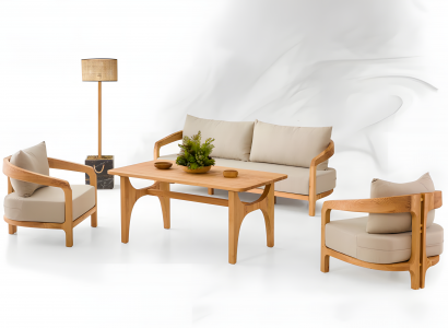 Gartenmöbel Set aus Holz und Textil in Beige, Modernes Sofa und Sessel